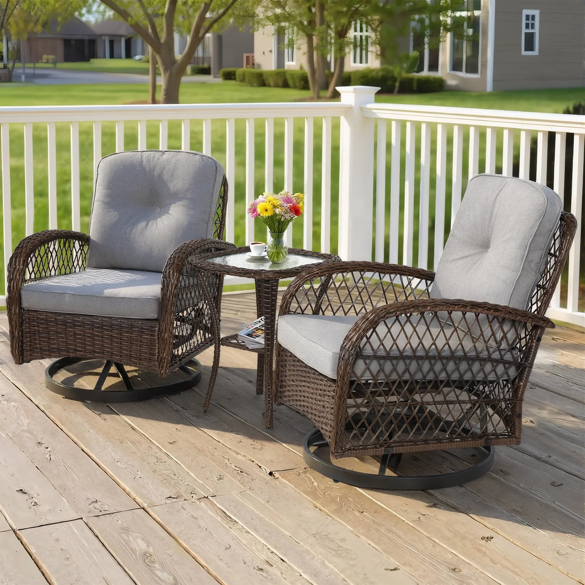 2026 New3 Piece Patio Swivel Rocker Chairs Set, 2 360-Degree Swivel Rocking Chairs with 1 Glass Top Table, PE Rattan Outdoor Bistro Set with Cushions for Balcony Deck Poolside Backyard Porch