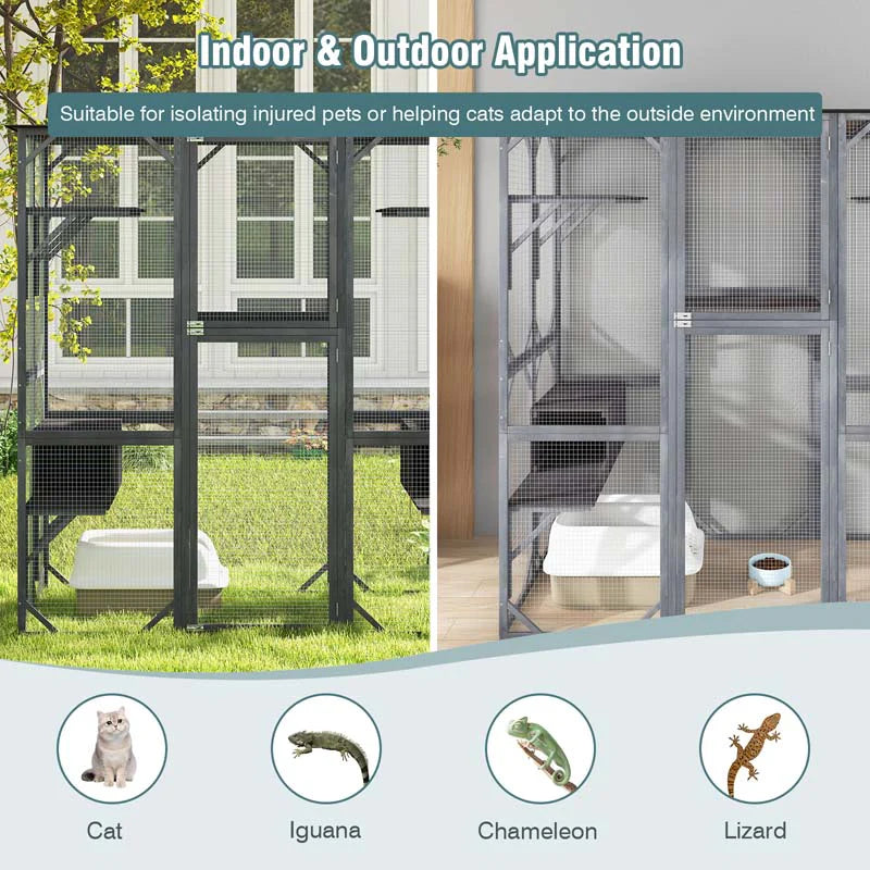 71" Tall Large Cat House Outdoor Catio Kitty Enclosure, Walk-in Cat Kennel Condo, Wooden Cat Cage Playpen with 7 Platforms