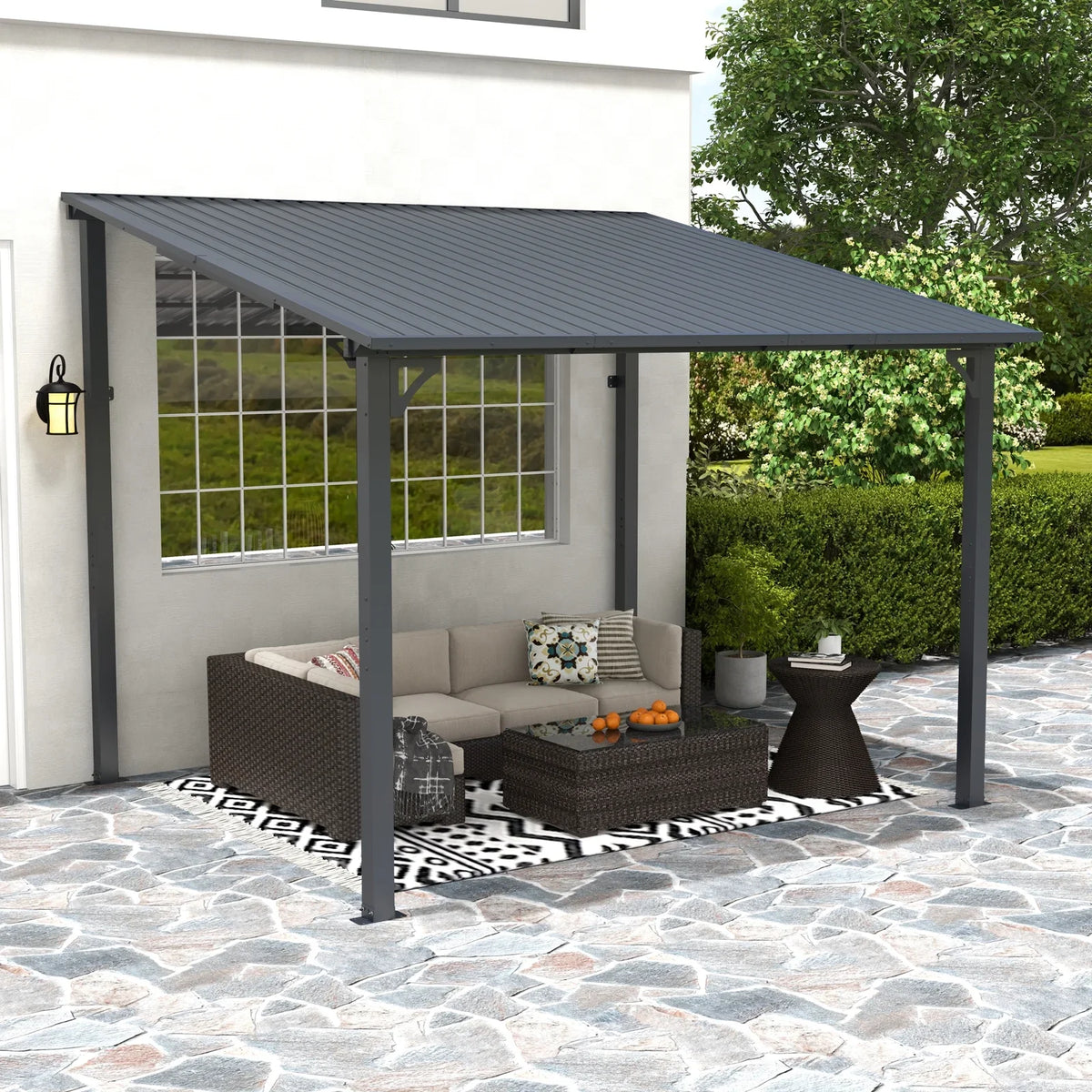 2026 New8' x 10' Outdoor Pergola Gazebo, Lean to Awnings Gazebos, Heavy Duty Hard Top Metal Pergola with Roof, for Patio, Backyard, Decks, Poolside