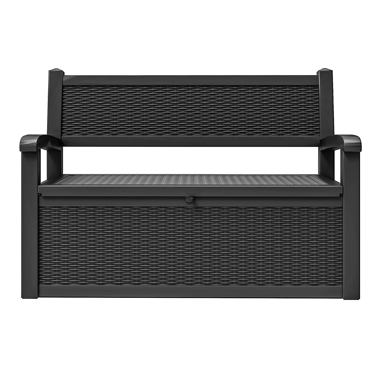 2026 NewModFusion 70-Gallon Outdoor Resin Storage Cabinet with Rattan Backrest �C Waterproof Patio Bench Seat, 500 lbs Capacity, Black