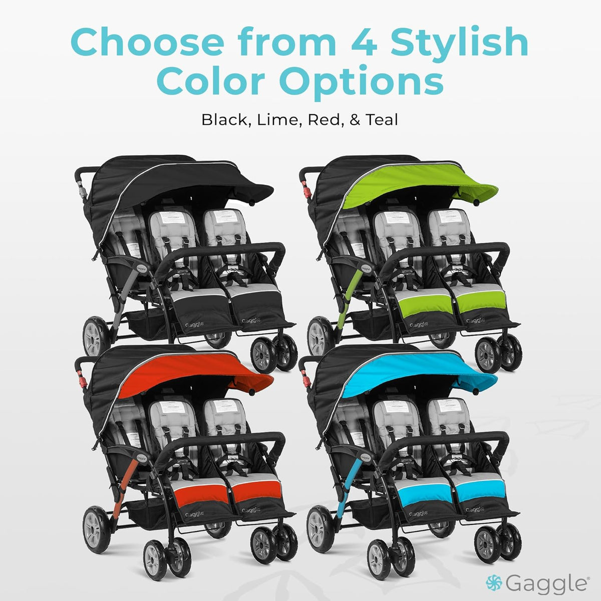 Compass Quad 4 Seat Stroller | 4-Seat Stroller for Daycare | Oversized UV Blocking Canopy | 5-Point Harness | Easy Loading | Storage Bucket | Teal