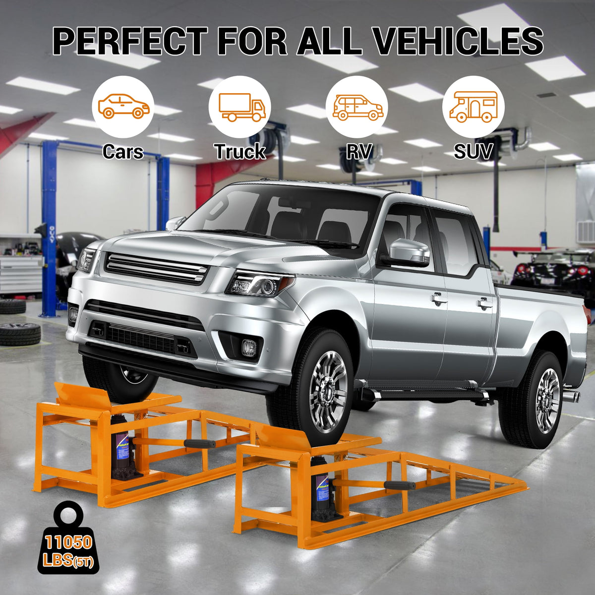 GloryStar 2 Pack Hydraulic Car Ramps, Heavy Duty 5 Ton (11,000 lbs) Steel Lift with Adjustable Height for Garage, Repair, and Oil Changes
