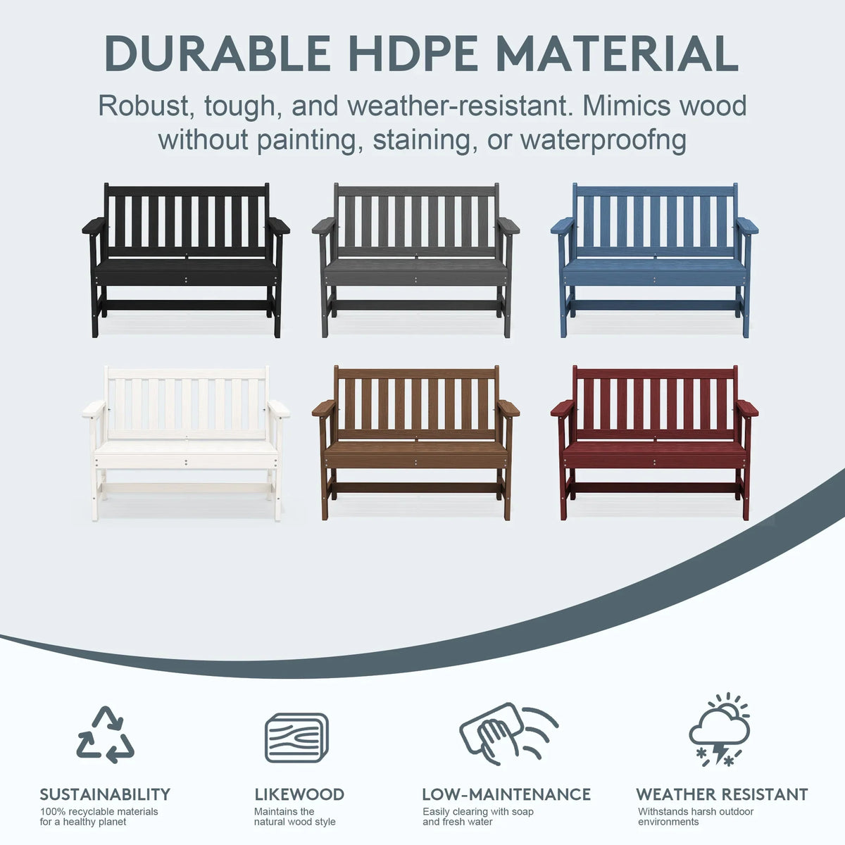 2026 NewSERWALL Outdoor Bench for 2-Person, Weather-Resistant HDPE with Aluminum Reinforcement, Supports 660 lbs, Comfortable Seating for Patio, Garden, and Porch, Black