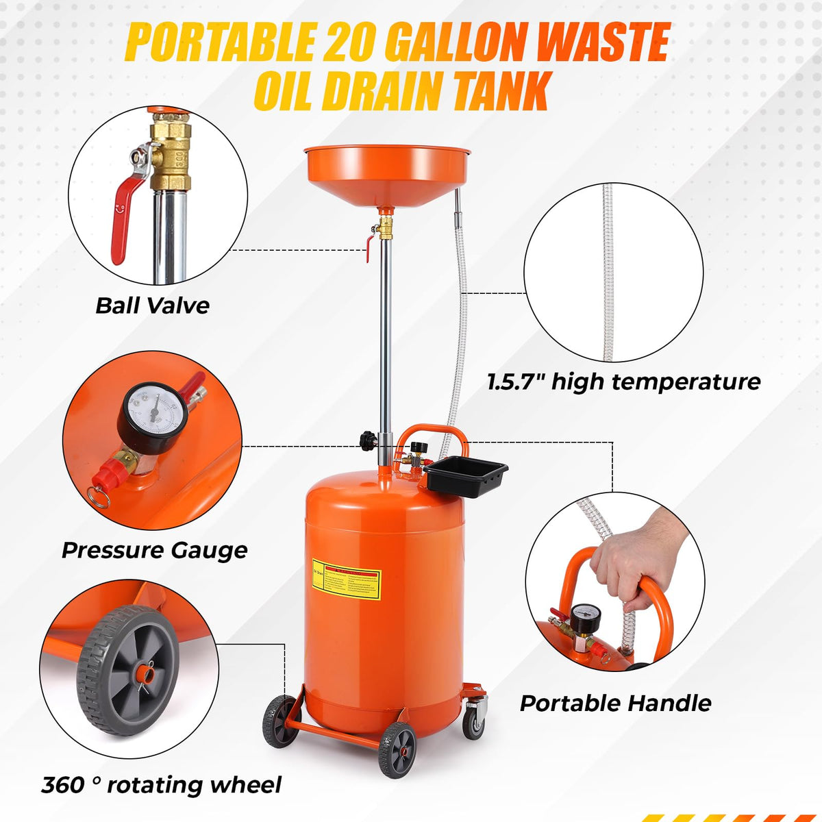 Waste Oil Drain Tank Air Operated Portable Oil Drainer with Adjustable Funnel Height Fluid Fuel Transfer Drainage with Wheels for Auto Repair Shops Garages