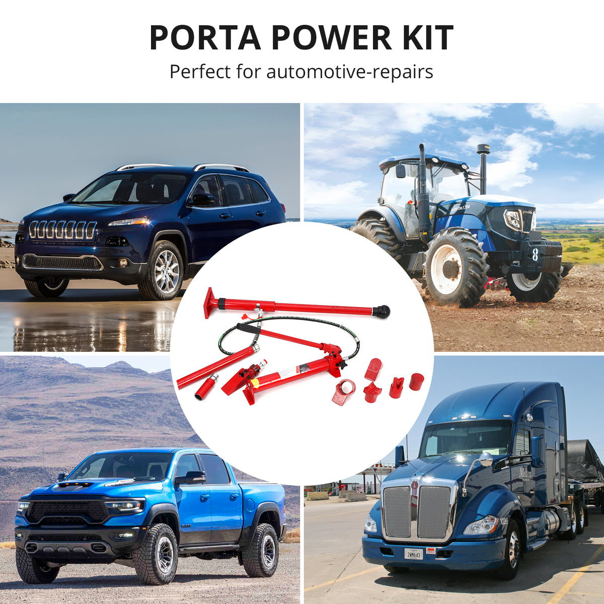Bingirl 4 Ton Porta Power Kit Car Shop Body Frame Repair Kit Tool Lift Ram w/Case for Hydraulic Equipment Construction Loadhandler Truck Bed Unloader Farm