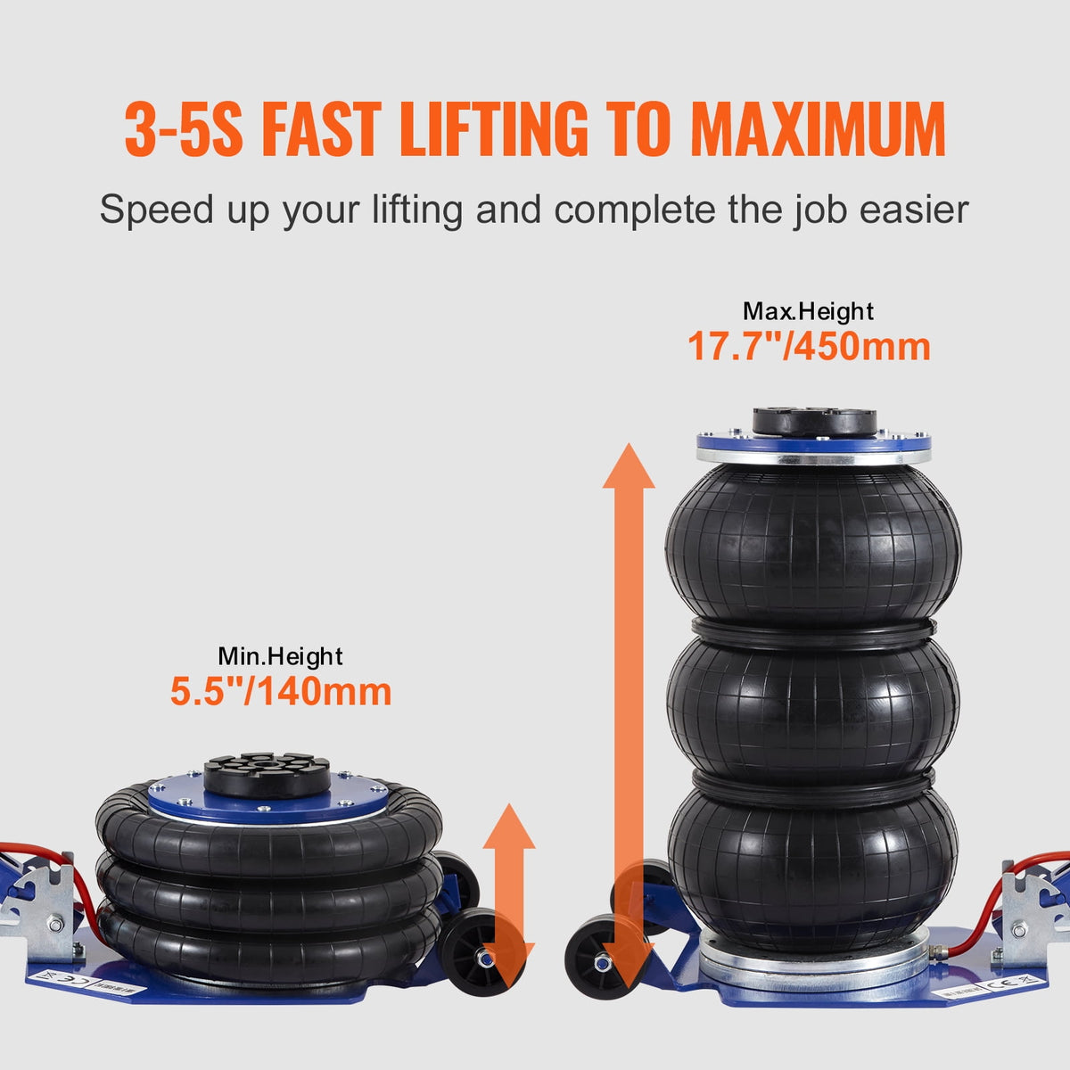 Pneumatic Jack 3 Ton/5 Ton Triple Bag Air Jack Quick Lift Heavy Duty Car Repair Jacks Folding Rod Jacks With Two Wheels ,Easy to Use