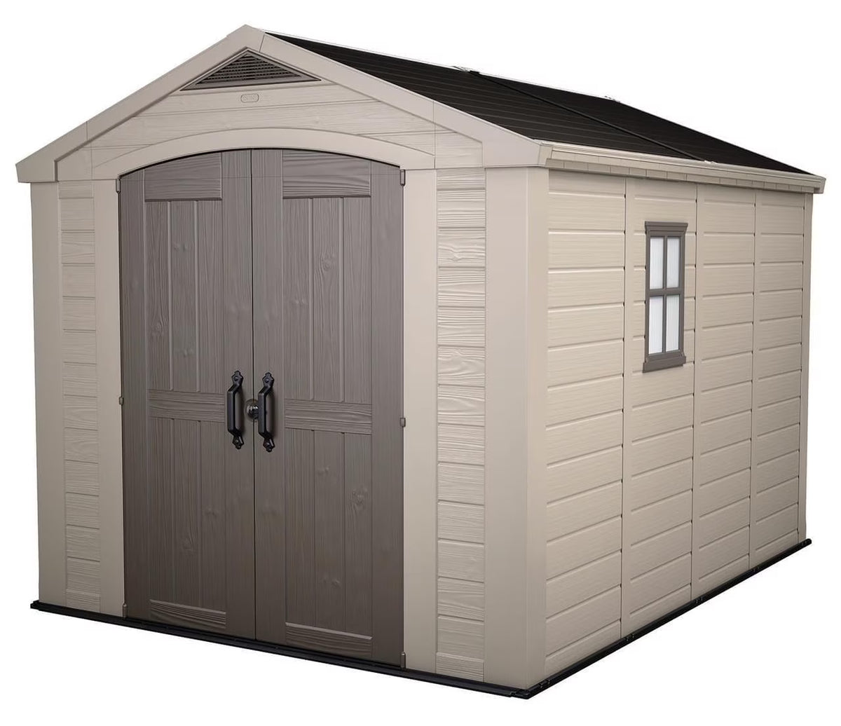 2026 NewKeter Factor 8 x 11 Foot All Weather Resin Outdoor Storage Shed, Taupe