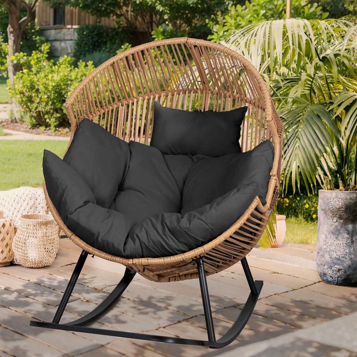2026 NewWalsunny Egg Chairs Outdoor Patio Wicker Oversized Egg Shell Lounger Lawn Chair with Cushion for Indoor Outside Porch Balcony Backyard, Original Wood Color Rattan Beige Cushion
