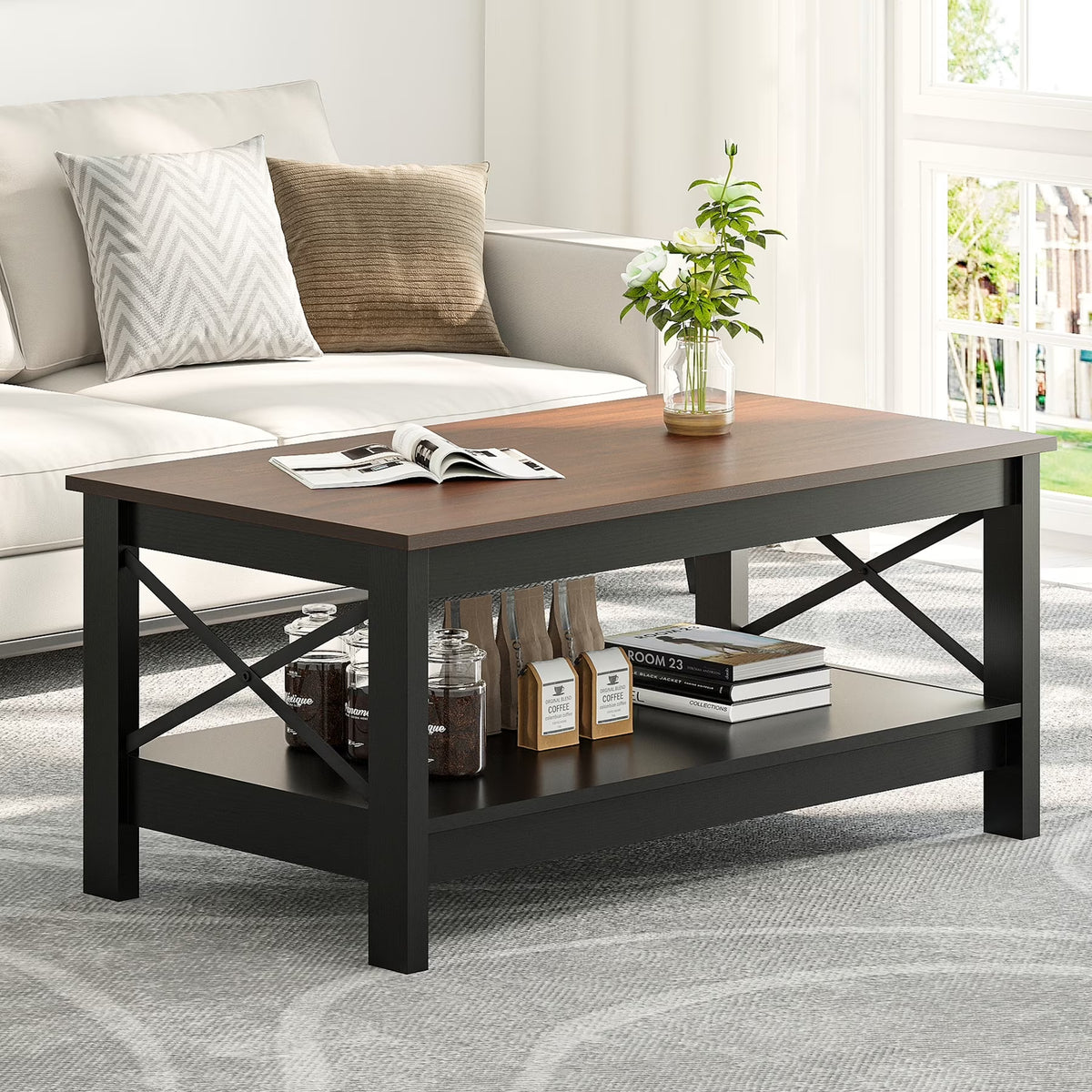 2026 NewMoasis Farmhouse Coffee Table with Storage 2-Tier Center Table for Living Room Grey Wash Top+White
