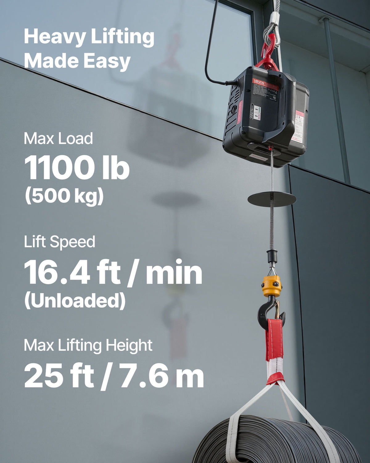 VEVOR 2-in-1 Electric Hoist Winch, 1100 lbs Capacity, 1500W Portable Power Winch Crane, 25 ft Lifting Height, 16.4 ft/min with Manual and Wireless Remote Control