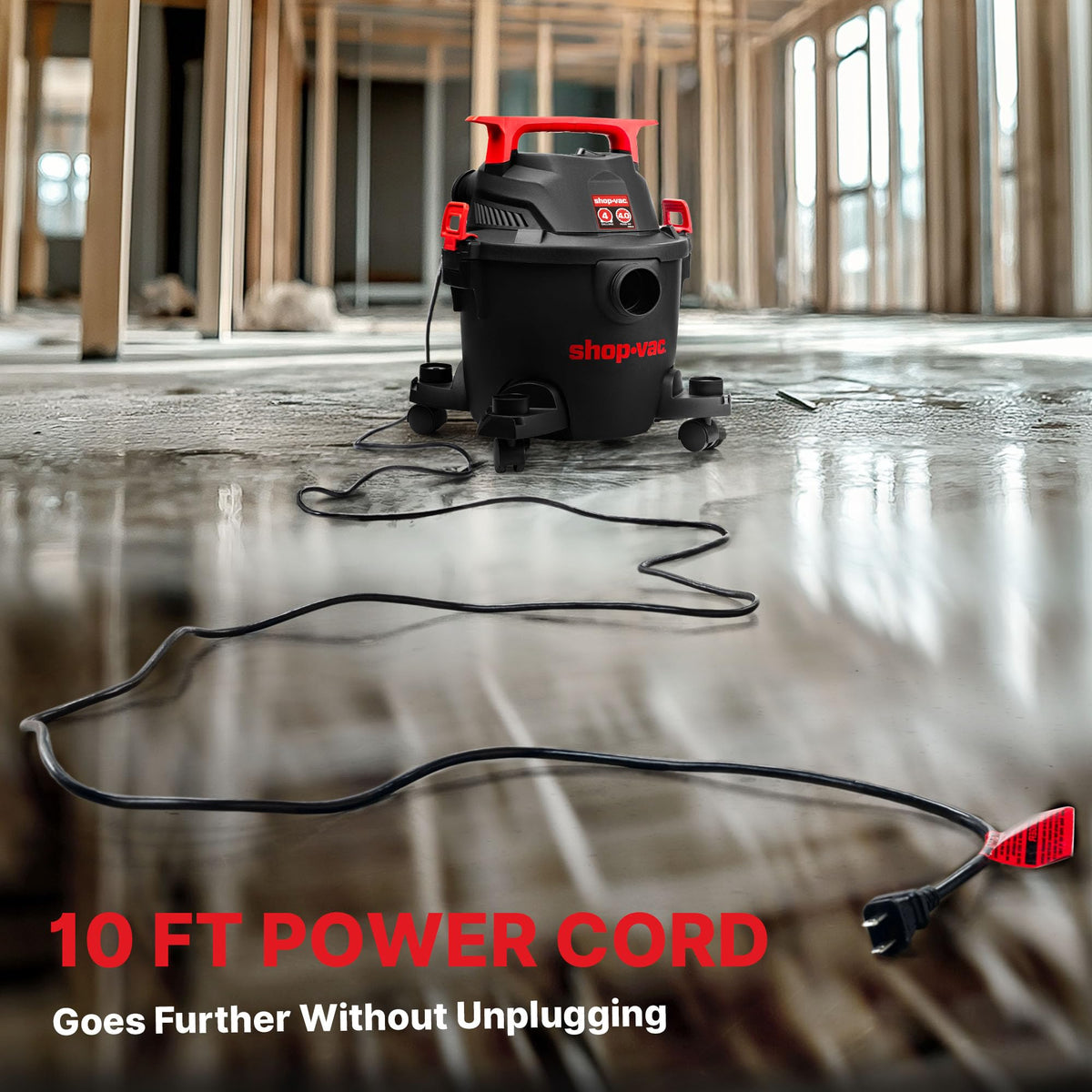 Shop-Vac 5430112 Wet/Dry Vacuum, 4 Gallon, 4 Peak HP, 1-1/4 Inch Diameter x 6 Foot Hose, 10 Foot Cord, Ideal for Jobsite, Garage, Workshop & Home