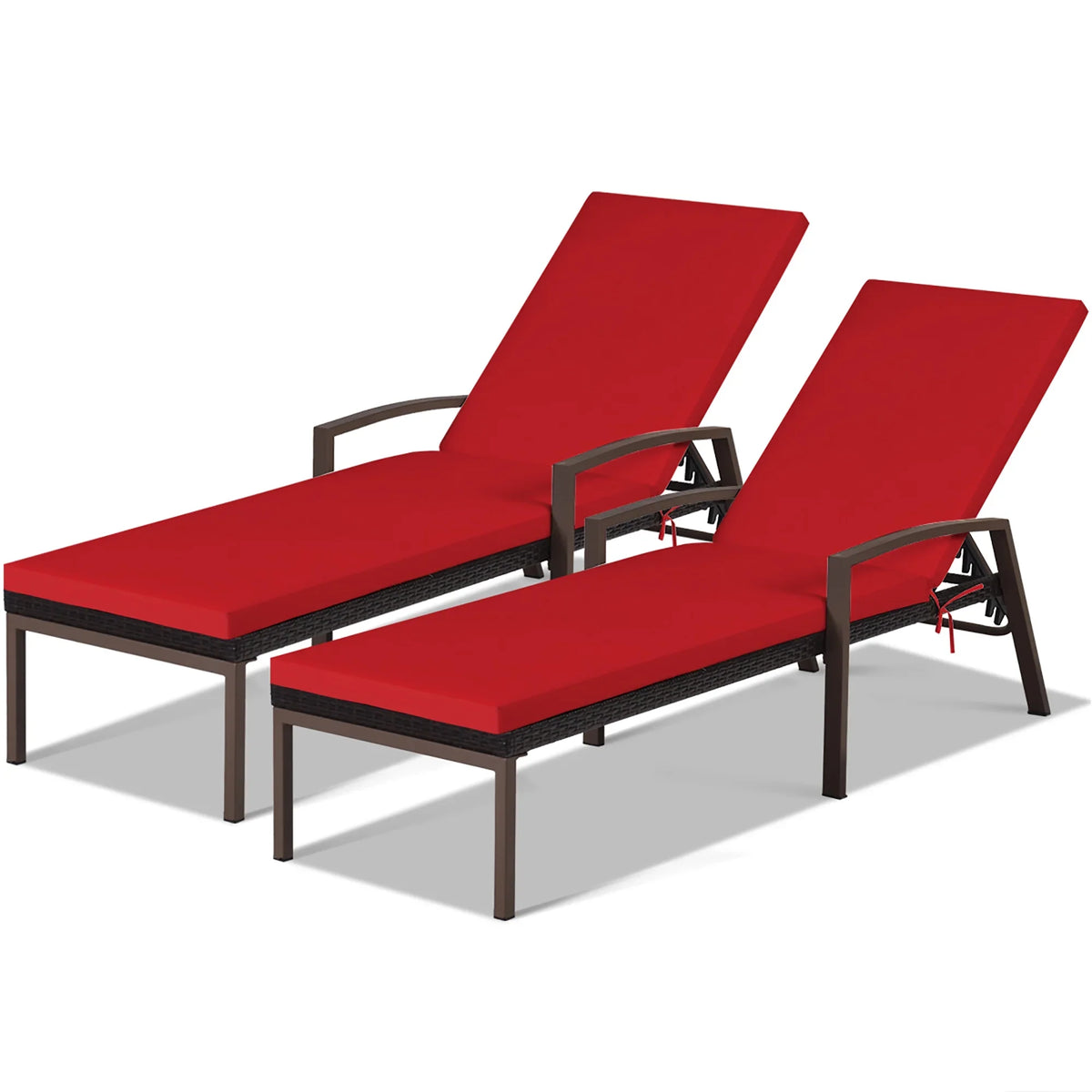 2026 NewCostway 2PCS Patio Rattan Lounge Chair Chaise Recliner Back Adjustable Cushioned Red