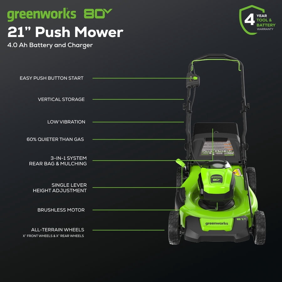 Greenworks 80V 21" Brushless Cordless Push Lawn Mower, 4.0 Ah Battery and Charger Included [75+ Compatible Tools]