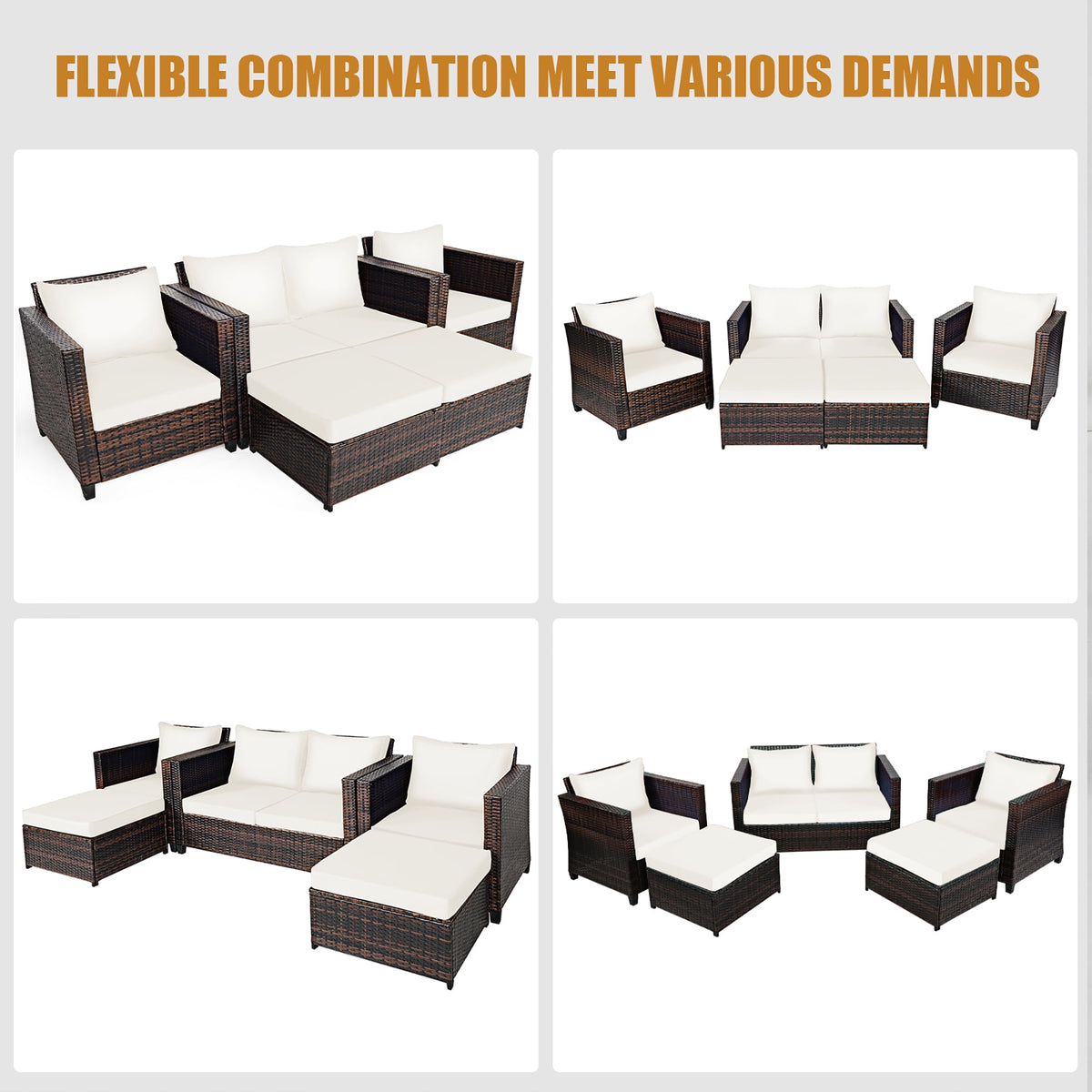 Costway 5PCS Patio Rattan Furniture Set Loveseat Sofa Ottoman Cushioned White