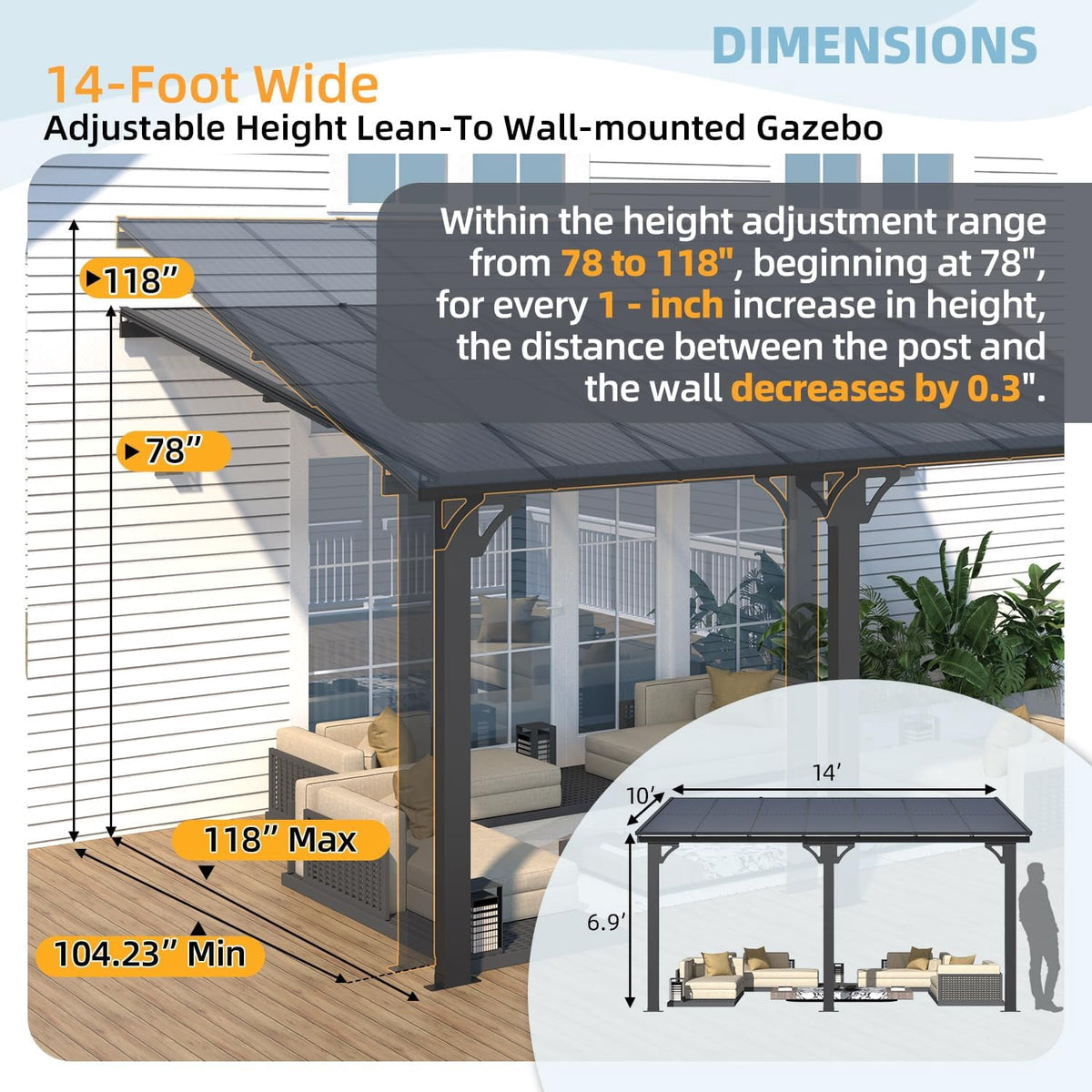 AECOJOY 10' x 14' Wall-Mounted Hardtop Gazebo Outdoor Aluminum Pergola with Adjustable Height for Garden, Patio, Backyard-Gray