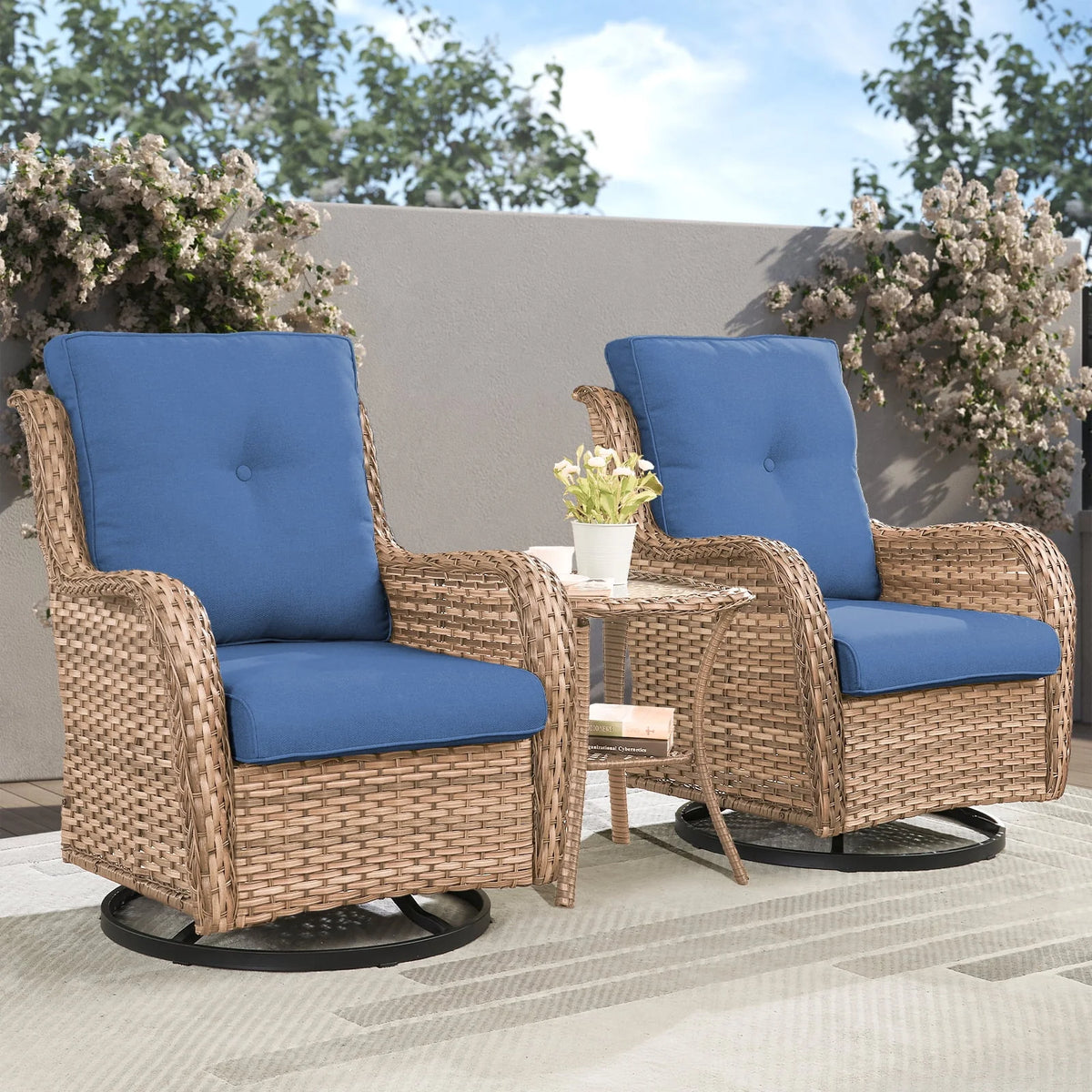2026 NewPOCASSY 3 Piece Patio Set Outdoor Wicker Glider Rocking and Swivel Chairs with Cushions