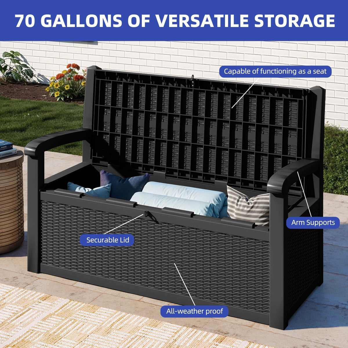 2026 NewModFusion 70-Gallon Outdoor Resin Storage Cabinet with Rattan Backrest �C Waterproof Patio Bench Seat, 500 lbs Capacity, Black