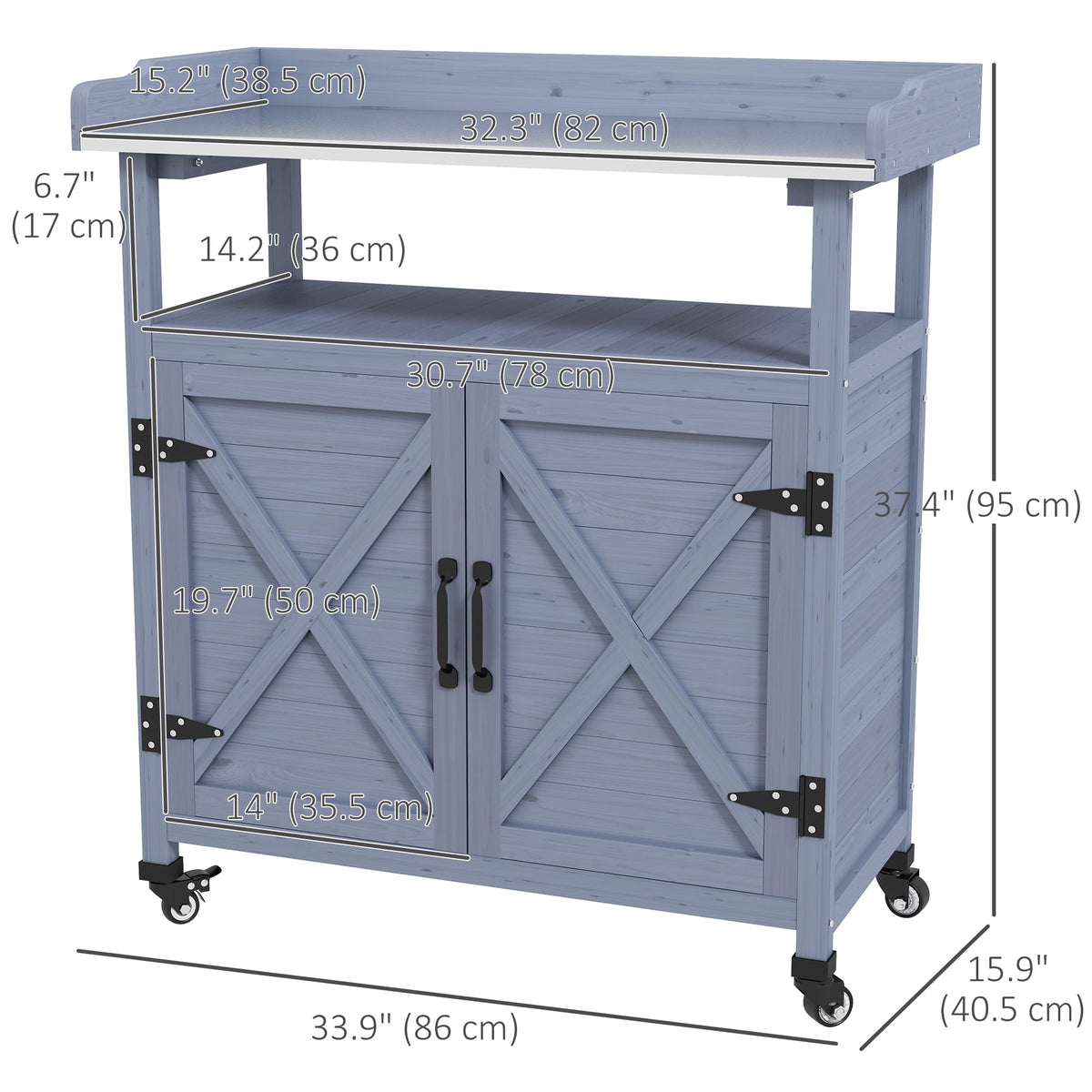 Outsunny Outdoor Potting Bench with Storage, Wheels, Grey