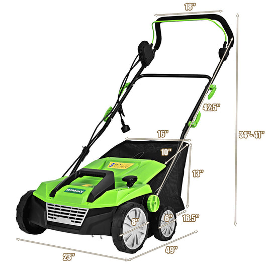 IronMax 13Amp Corded Scarifier 15" Electric Lawn Dethatcher w/50L Collection Bag Green