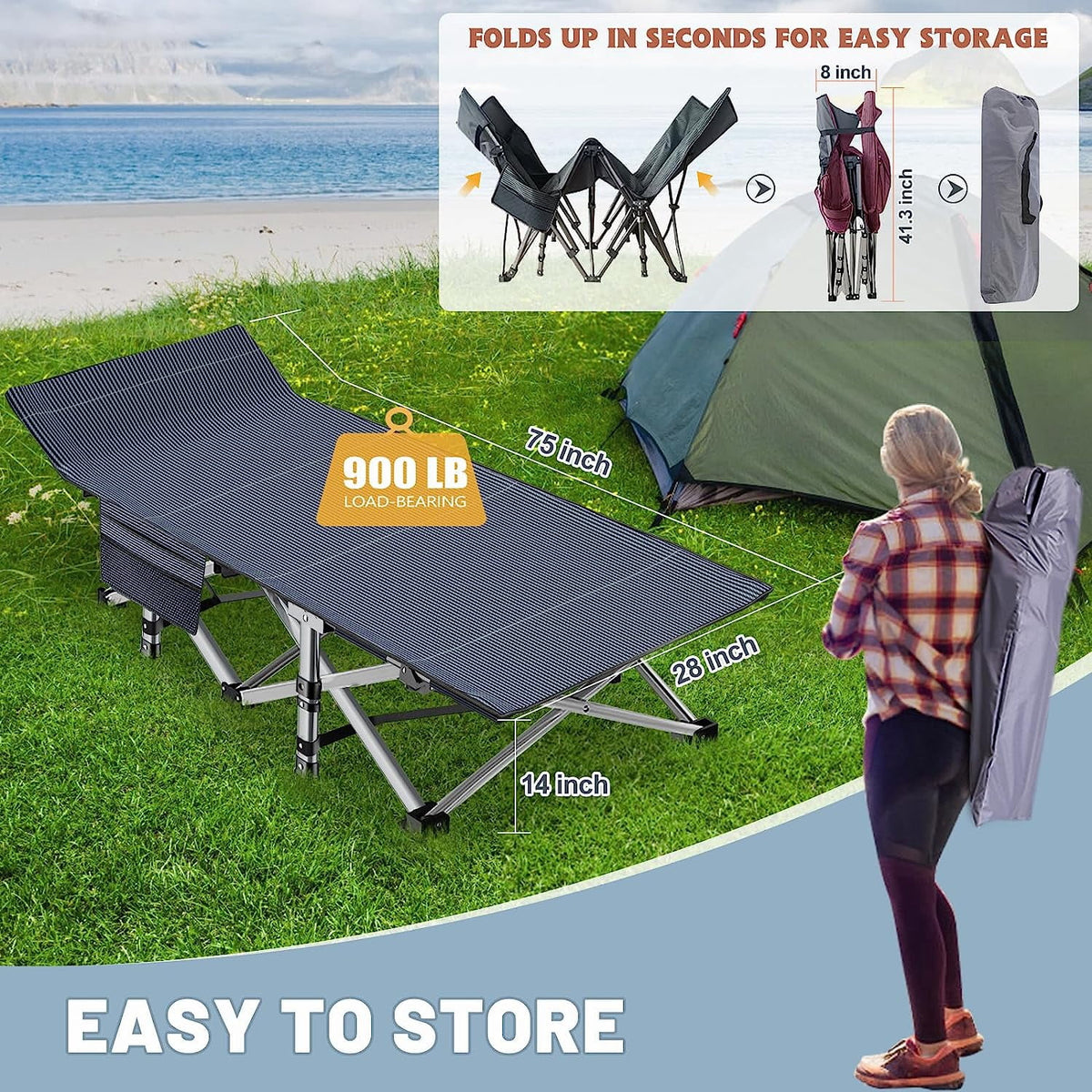 Lilypelle 2PC Folding Camping Cot, Folding Cot Camping Cots for Adults Portable Outdoor Cots with Carry Bags for Outdoor Travel Camp Beach Vacation