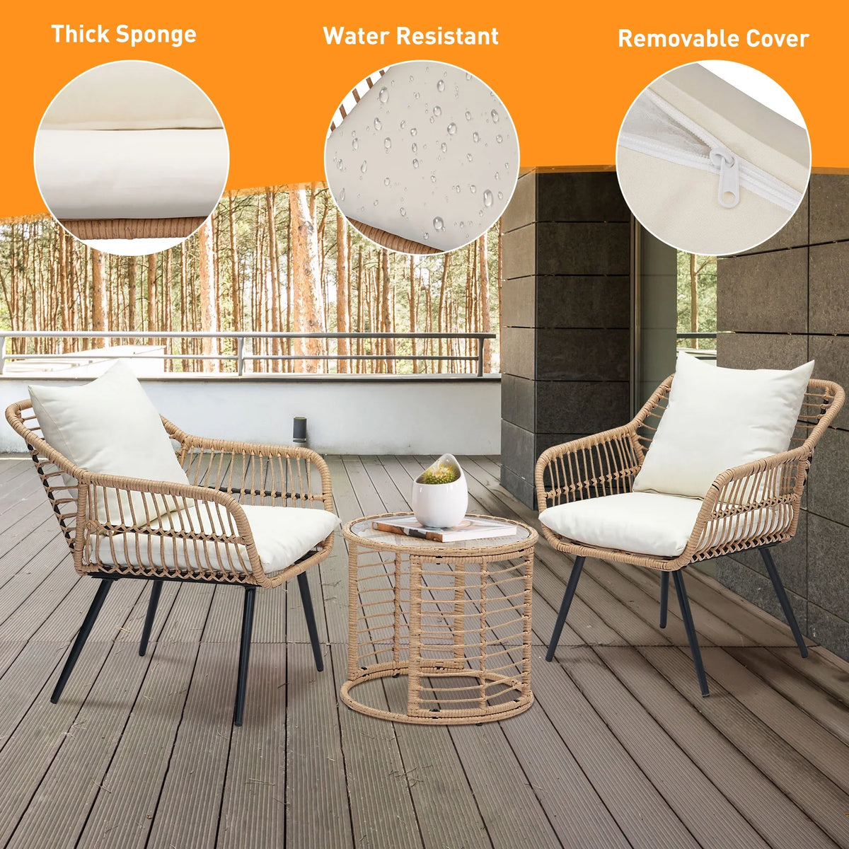 2026 NewAinfox 3-Piece Steel Outdoor Bistro Sets with Metal Chairs and Glass Top Table, Beige
