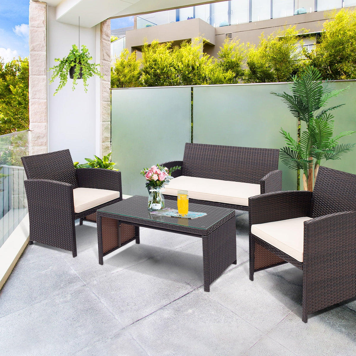 Gymax 8PCS Patio Conversation Set Outdoor Rattan Furniture Set w/ White Cushions