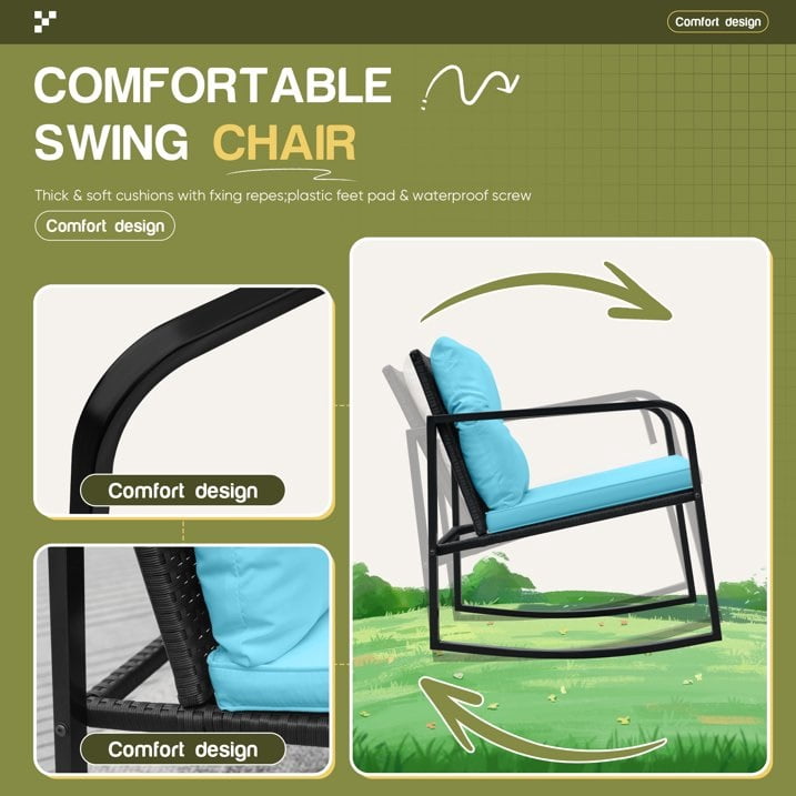 Homall 3 Pieces Outdoor Rocking Chair Furniture Sets Modern Patio Furniture Set Rocking Wicker Bistro Sets Cushioned PE Rattan Chairs Conversation Sets with Glass Coffee Table,Blue