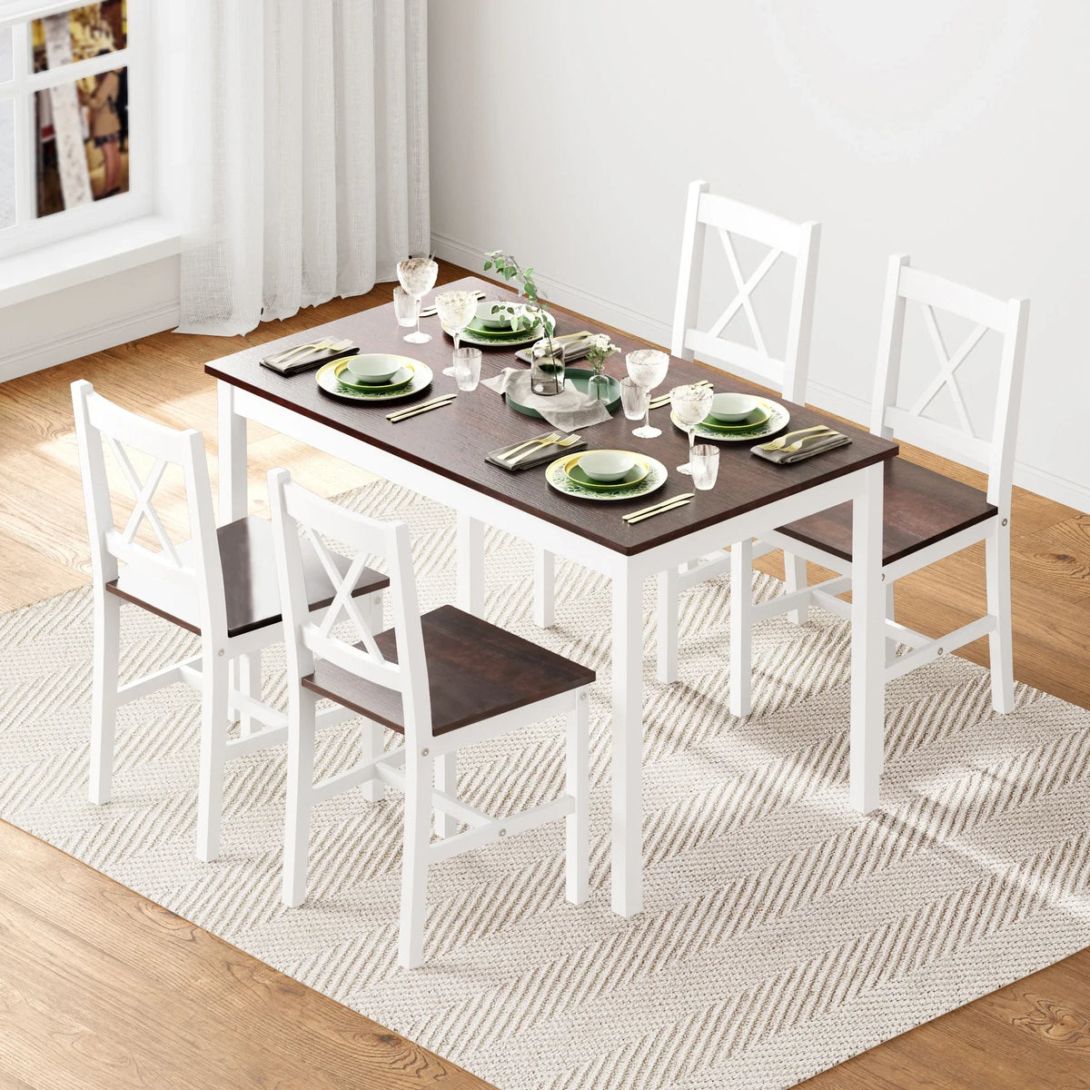 2026 NewSoges 5 Pieces Dining Table Set, Pine Wood Kitchen Dining Table with 4 Chairs, Wood Rectangular kitchen table and chairs for 4, Small Dining Set for Bar Dining Room Breakfast Nook, White and Gray