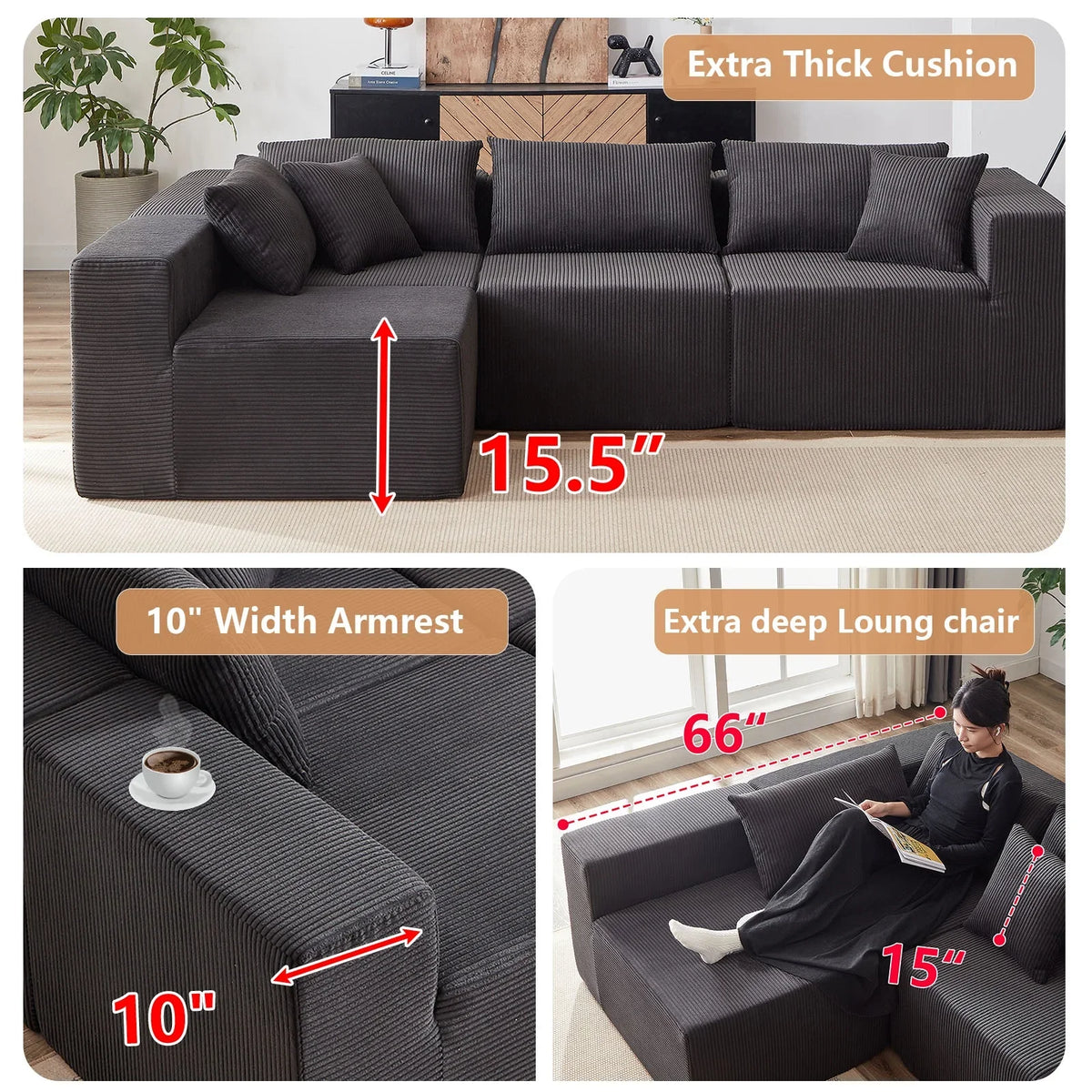 2026 New104-Inch Corduroy Modular L Shaped Sectional Sofa,Luxury Floor Couch Set,Upholstered Indoor Furniture,Foam-Filled Compressed Sofa for Living Room,Bedroom,4 PC Free Combination
