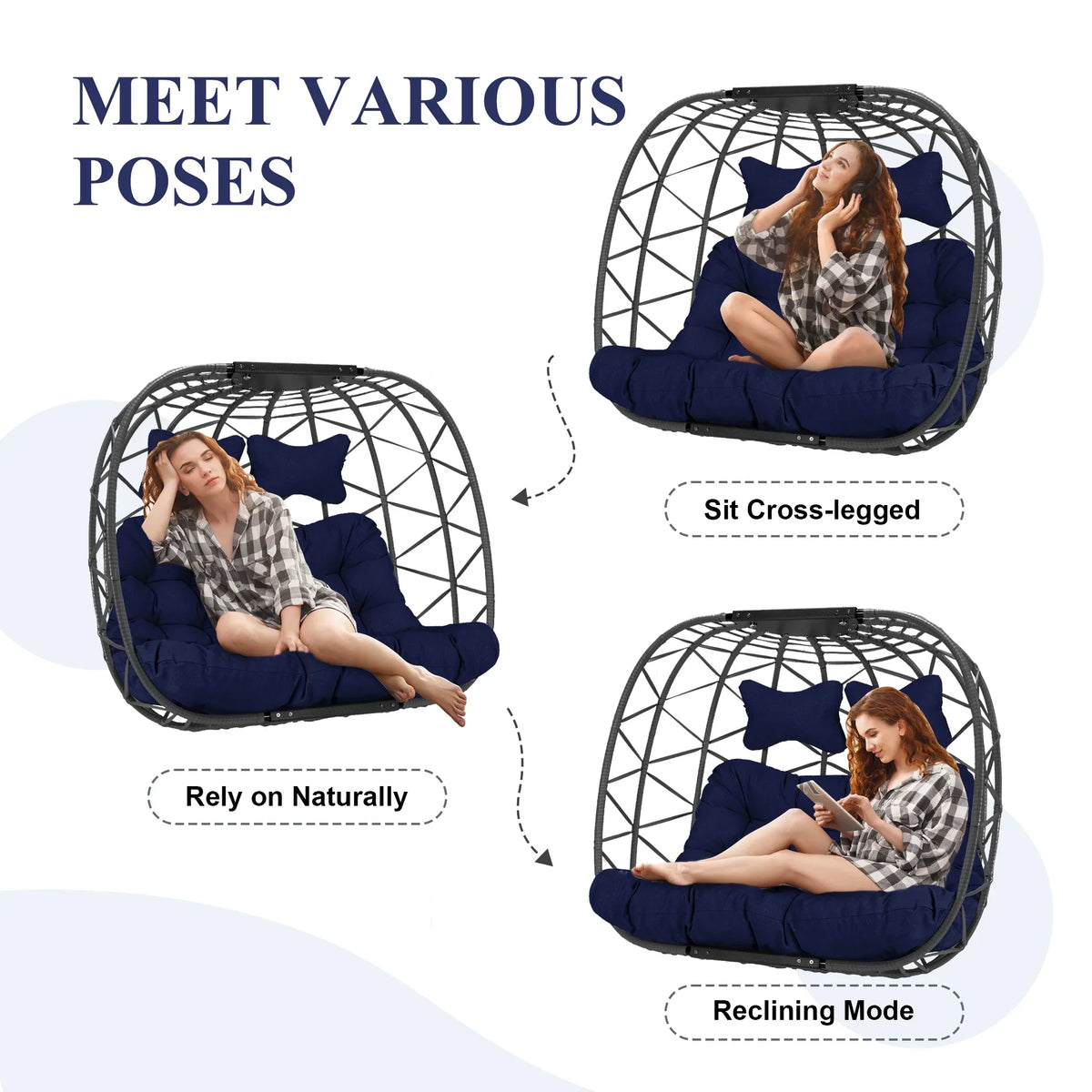 2026 NewRADIATA Double Wicker Egg Swing Chair with Stand, 2-Person Hanging Egg Chair for Indoor/Outdoor, 700lbs Capacity, Thick Cushions & Headrest,Sturdy Metal Frame"Dark Gray
