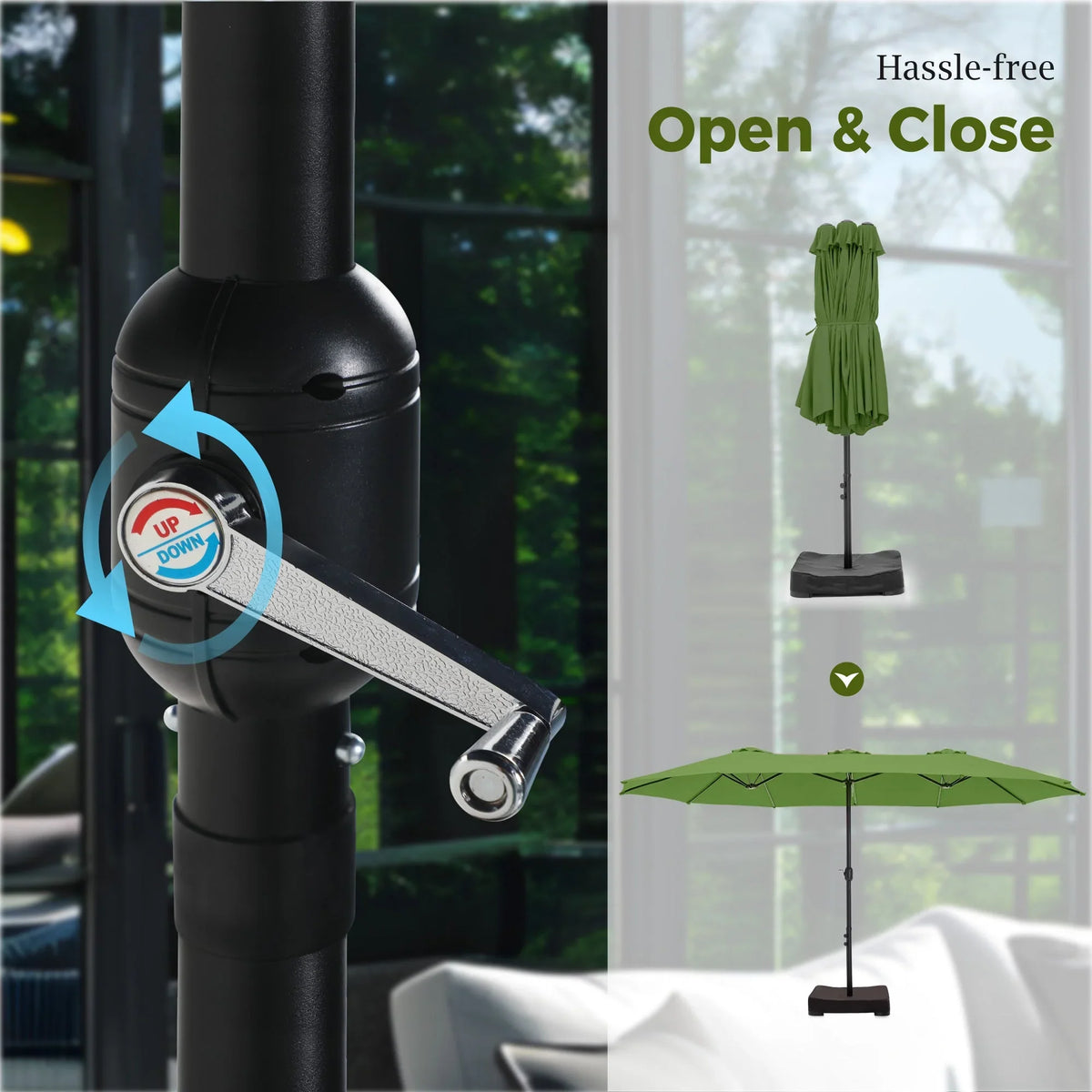 2026 NewAlpha Joy 15ft Outdoor Patio Umbrella Extra-Large Double-Sided Garden Umbrella with Crank Handle and Base - Smoky Gray