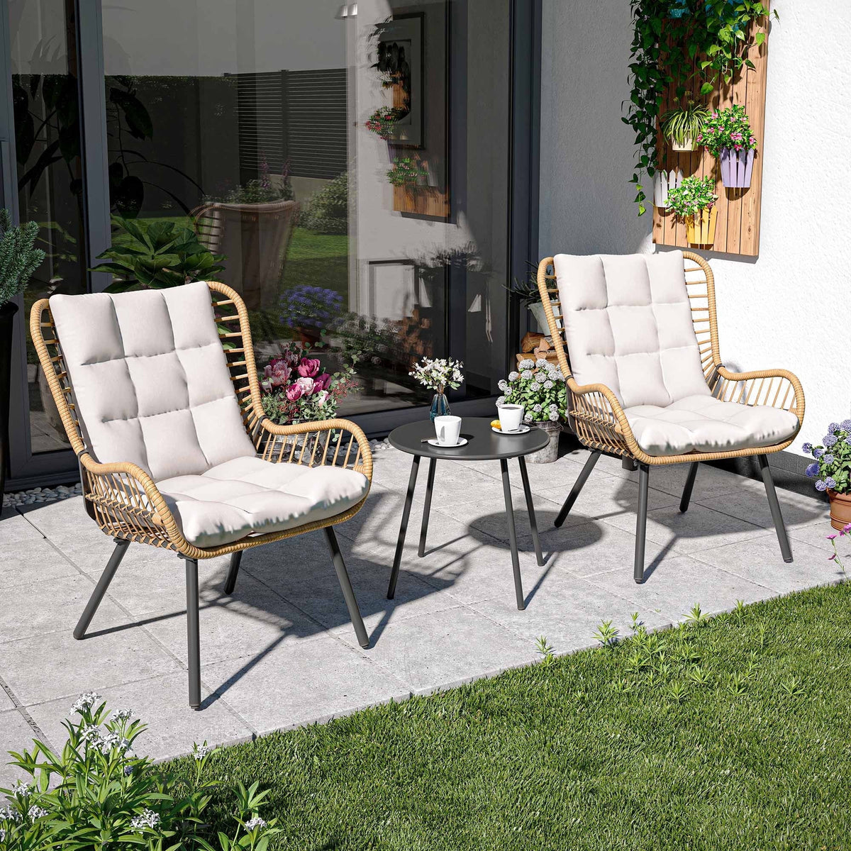 2026 NewLAUSAINT HOME 3-Piece Patio Furniture Set, High Back Outdoor Bistro with Coffee Table & Beige Cushions for Garden or Deck