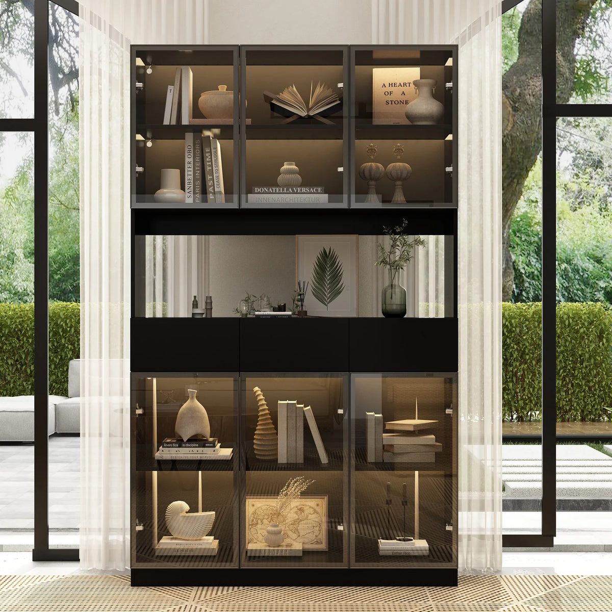 2026 NewKULAGAGA Bookcases Organizer with LED Lights, Heavy Duty Display Cabinet with Glass Door for Living Room, 31.5" Wide