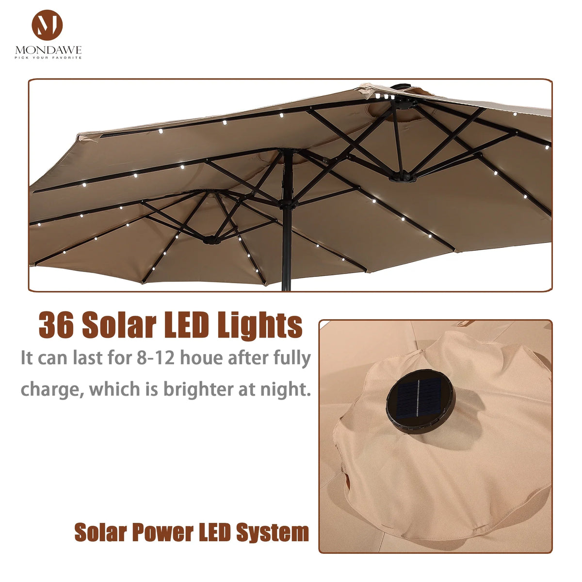 2026 NewMondawe 15ft Patio Umbrella Rectangular Outdoor Market Umbrella with Base and LED Lights Beige