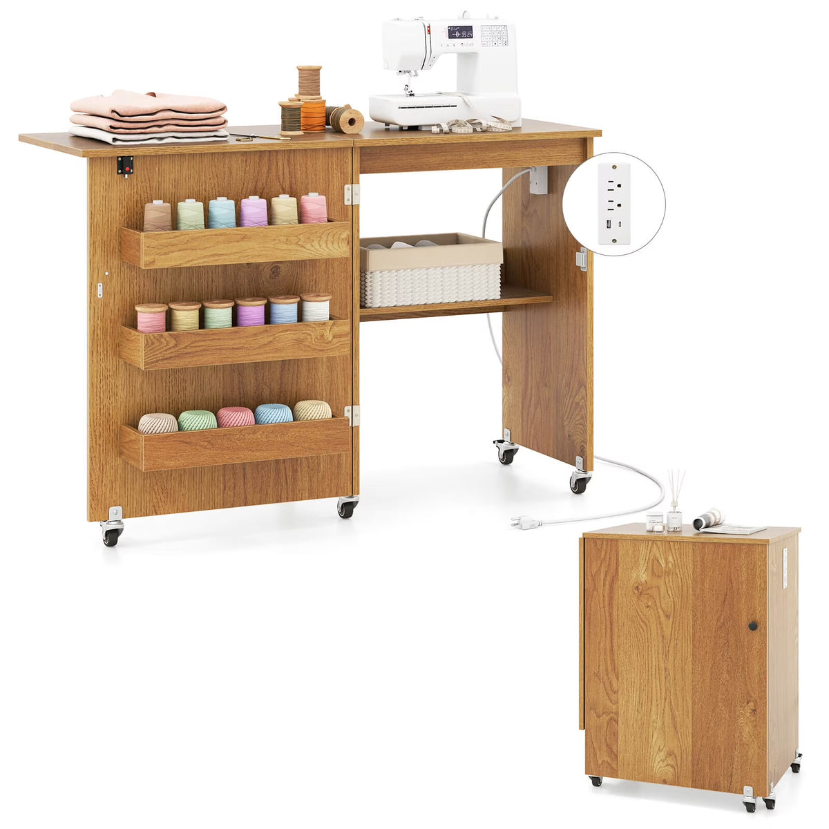 2026 NewCostway Folding Sewing Table Rolling Craft Station with 3 Storage Bins & Charging Station Natural