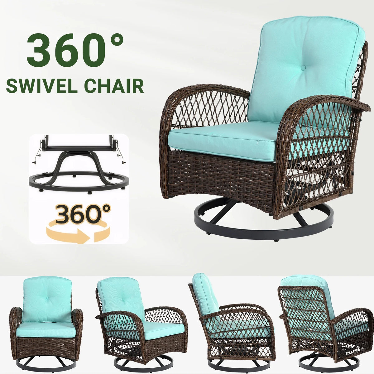 2026 New3 Piece Patio Swivel Rocker Chairs Set, 2 360-Degree Swivel Rocking Chairs with 1 Glass Top Table, PE Rattan Outdoor Bistro Set with Cushions for Balcony Deck Poolside Backyard Porch