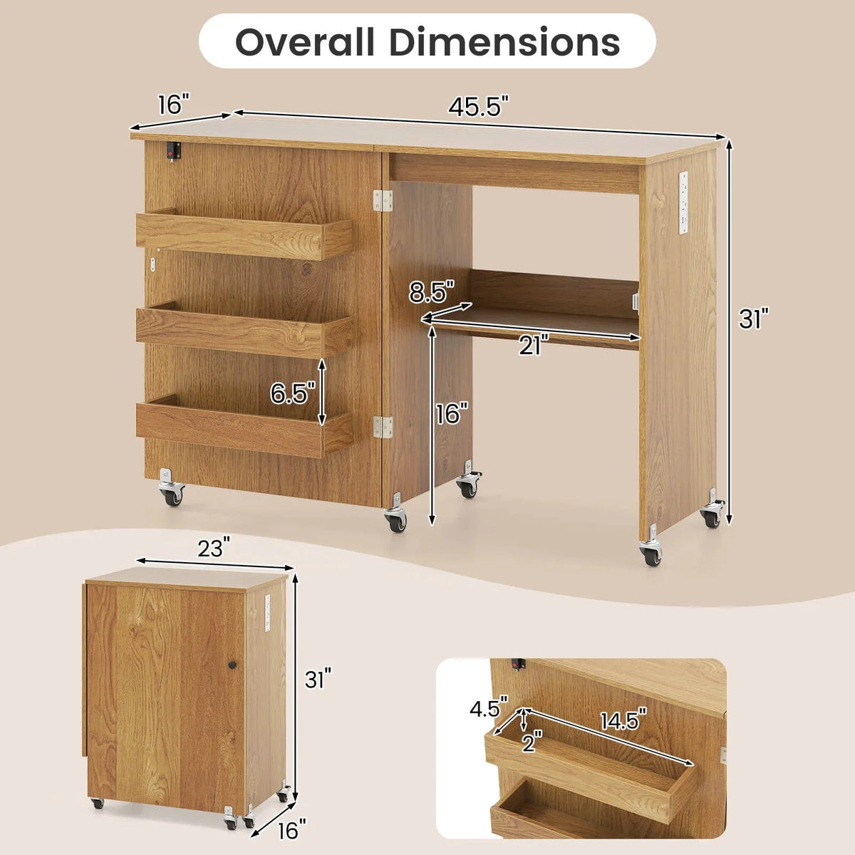 2026 NewCostway Folding Sewing Table Rolling Craft Station with 3 Storage Bins & Charging Station Natural