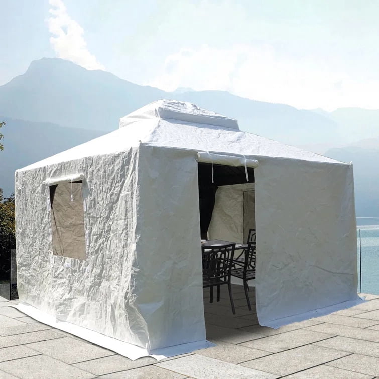 Domi 12 x 14 ft Gazebo Winter Cover, Double Roof Universal Enclosure with Sidewalls & Mesh Windows, Waterproof for Hardtop Gazebos, White