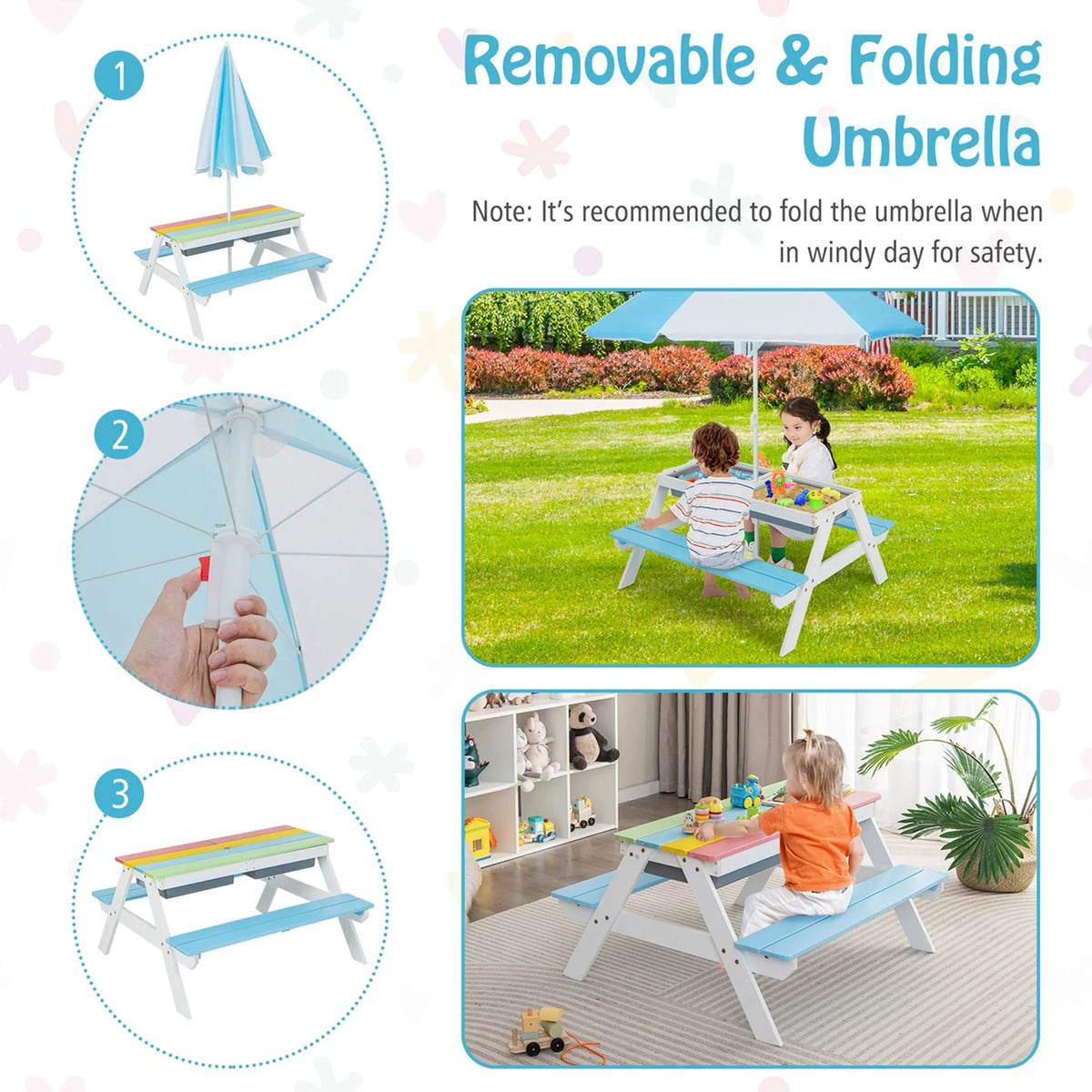 2026 NewCostway 3-in-1 Kids Picnic Table Wooden Outdoor Sand & Water Table with Umbrella Play Boxes Green