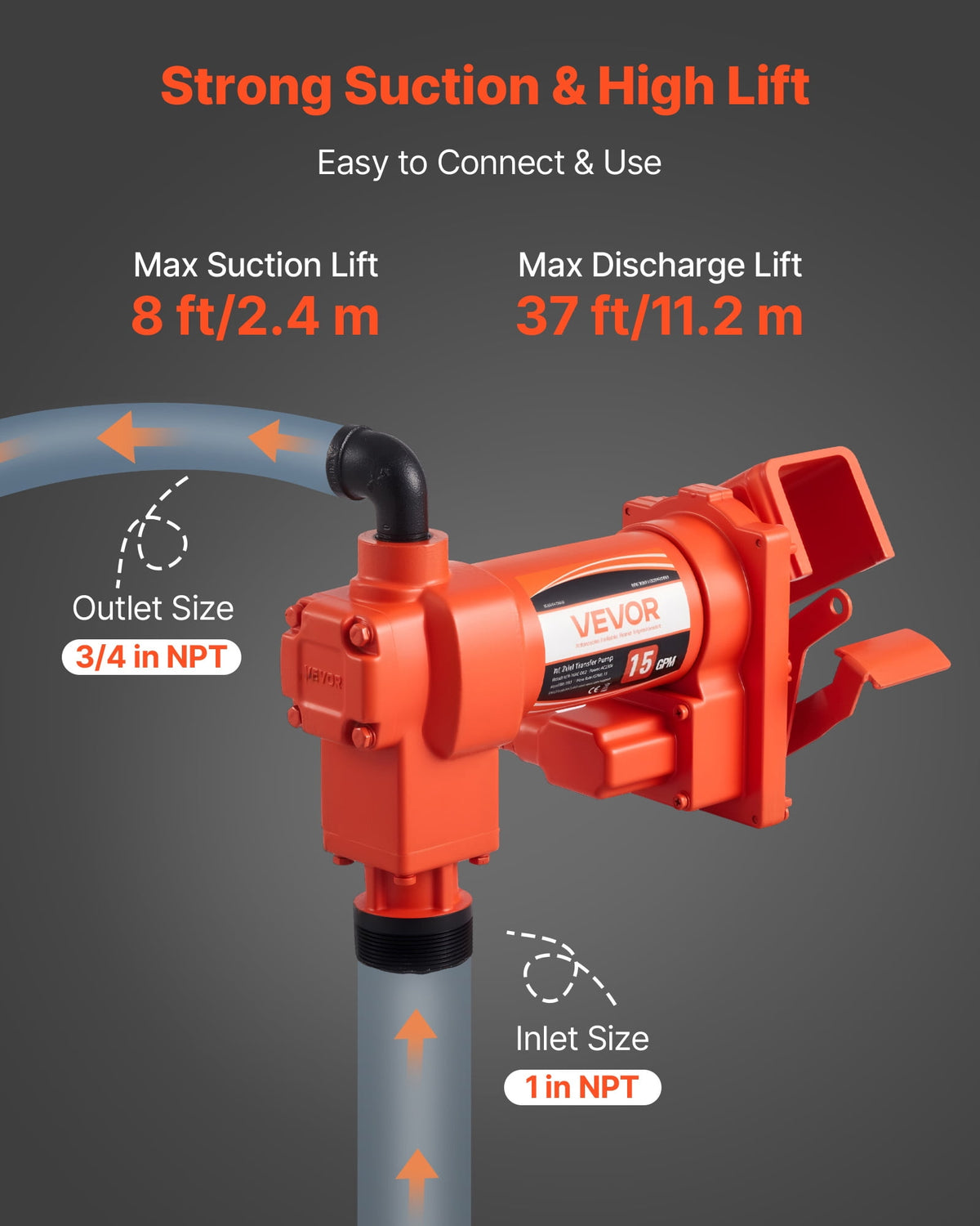 VEVOR Fuel Transfer Pump 110V, 15 GPM 57 L/min, AC Electric Oil Transfer Pump, 8 ft/2.4 m Max Suction Lift, 37 ft/11.28 m Max Lift