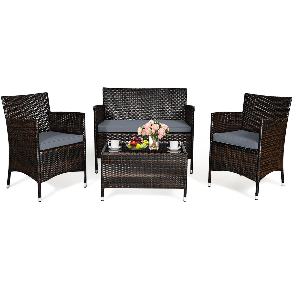 Costway 4PCS Rattan Patio Furniture Set Cushioned Sofa Chair Coffee Table Garden Grey