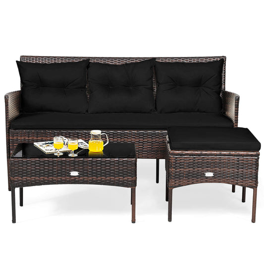 Costway 3 PCS Patio Rattan Furniture Set 3-Seat Sofa Cushioned Table Garden Black