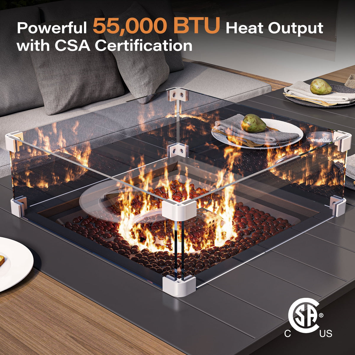 KAMEROUT 64" Outdoor Fire Pit Table, 50,000 BTU Patio Propane Fire Pit with Foldable Tabletop & Wind Guard, Black