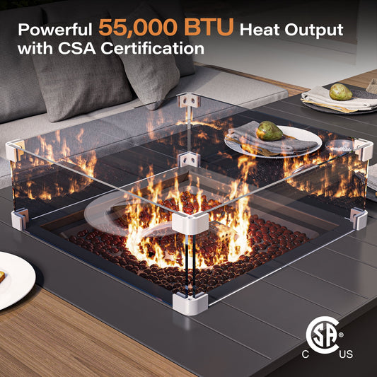 KAMEROUT 64" Outdoor Fire Pit Table, 50,000 BTU Patio Propane Fire Pit with Foldable Tabletop & Wind Guard, Black