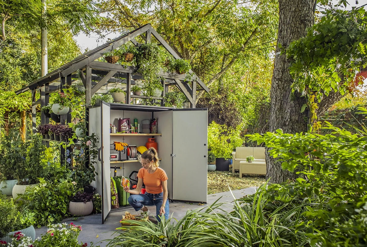 2026 NewKeter Premier Tall Vertical Durable Resin Outdoor Storage Shed With Floor and Locking Double Doors, Grey