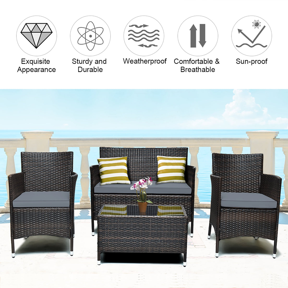 Costway 4PCS Rattan Patio Furniture Set Cushioned Sofa Chair Coffee Table Garden Grey