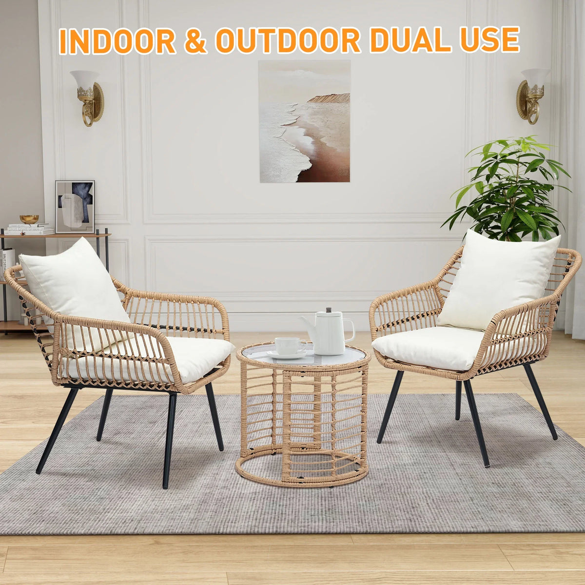 2026 NewAinfox 3-Piece Steel Outdoor Bistro Sets with Metal Chairs and Glass Top Table, Beige