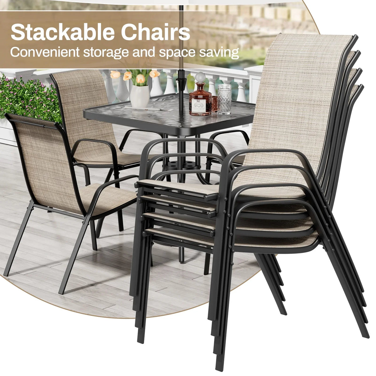 2026 NewPirecart 5-Piece Outdoor Patio Dining Table Set with 4 Stackable Textilene Chairs for for Patio, Lawn, Garden, Gray