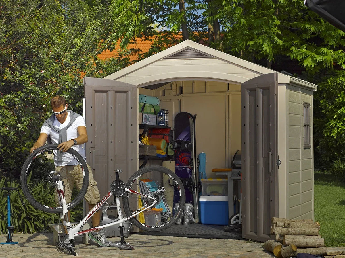 2026 NewKeter Factor 8 x 11 Foot All Weather Resin Outdoor Storage Shed, Taupe