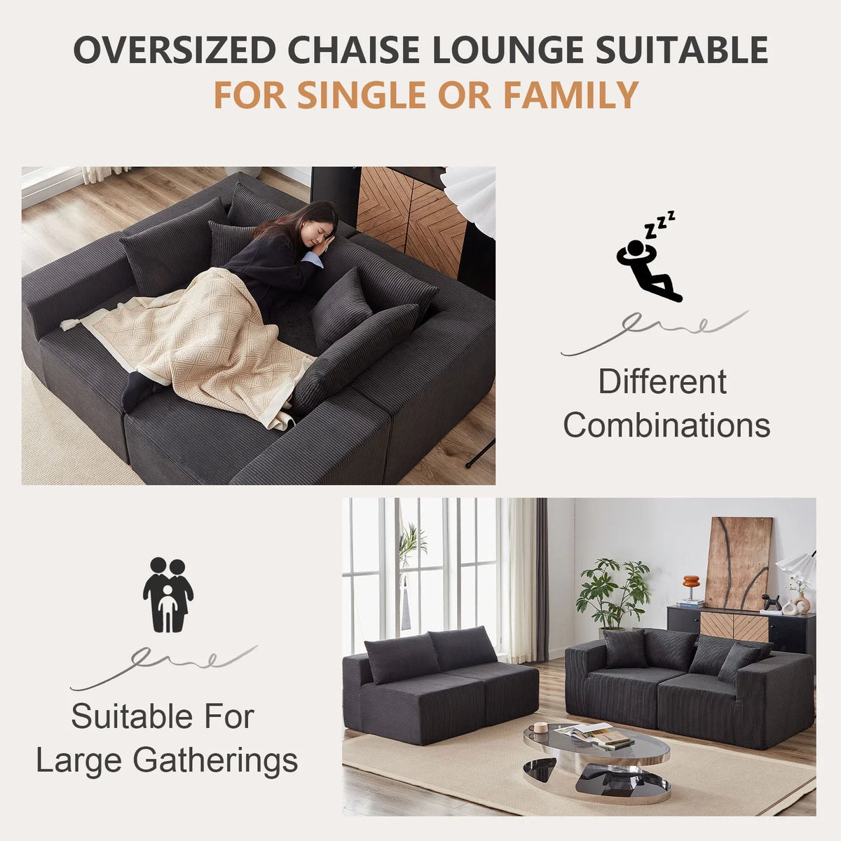 2026 New104-Inch Corduroy Modular L Shaped Sectional Sofa,Luxury Floor Couch Set,Upholstered Indoor Furniture,Foam-Filled Compressed Sofa for Living Room,Bedroom,4 PC Free Combination